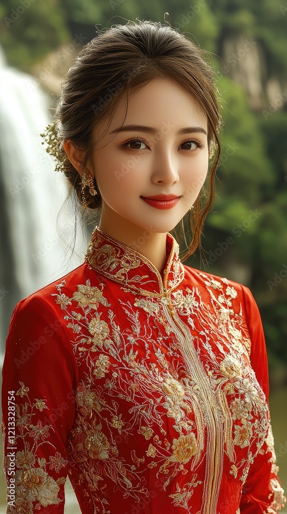 Fototapeta premium Beautiful Woman Wearing a Red Embroidered Dress