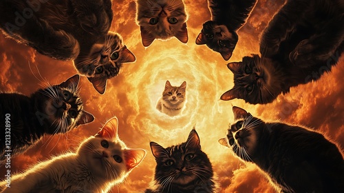 Cats forming a circle in a warm setting, gazing downward with interest at an unseen object