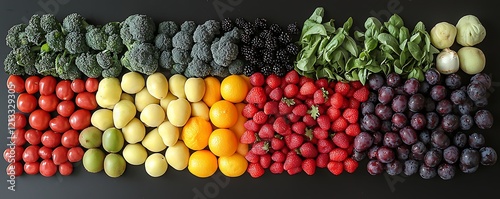 Rainbow-inspired arrangement fruits, berries, and vegetables creating a vibrant and healthy food display photo