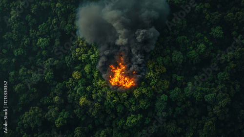 Aerial view of forest fire with vivid orange flames and thick black smoke rising from dense green trees.