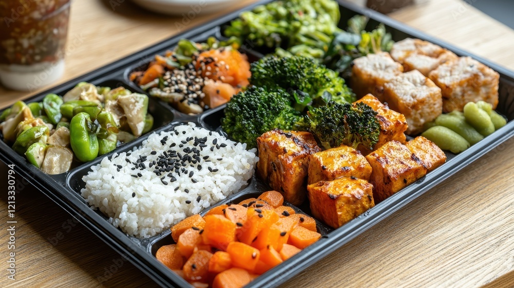 Healthy bento box with rice, tofu, broccoli, and assorted vegetables. Perfect for showcasing healthy eating, vegan or vegetarian cuisine, and meal prep concepts. Healthy bento box with rice, tofu, broccoli, and assorted vegetables. Perfect for showcasing healthy eating, vegan or vegetarian cuisine, and meal prep concepts.