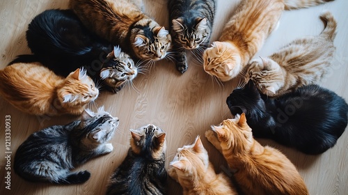A group of cats sitting in a perfect circle, gazing downward in a quiet home environment