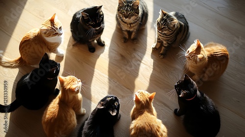 A group of cats sitting in a perfect circle, gazing downward in a quiet home environment