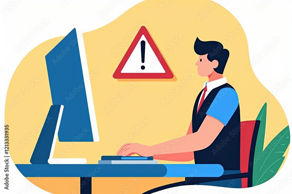 Fototapeta premium Professional Man at Computer Displaying Warning Sign with Alert Symbol for Cybersecurity Awareness, Internet Safety, and Digital Vigilance