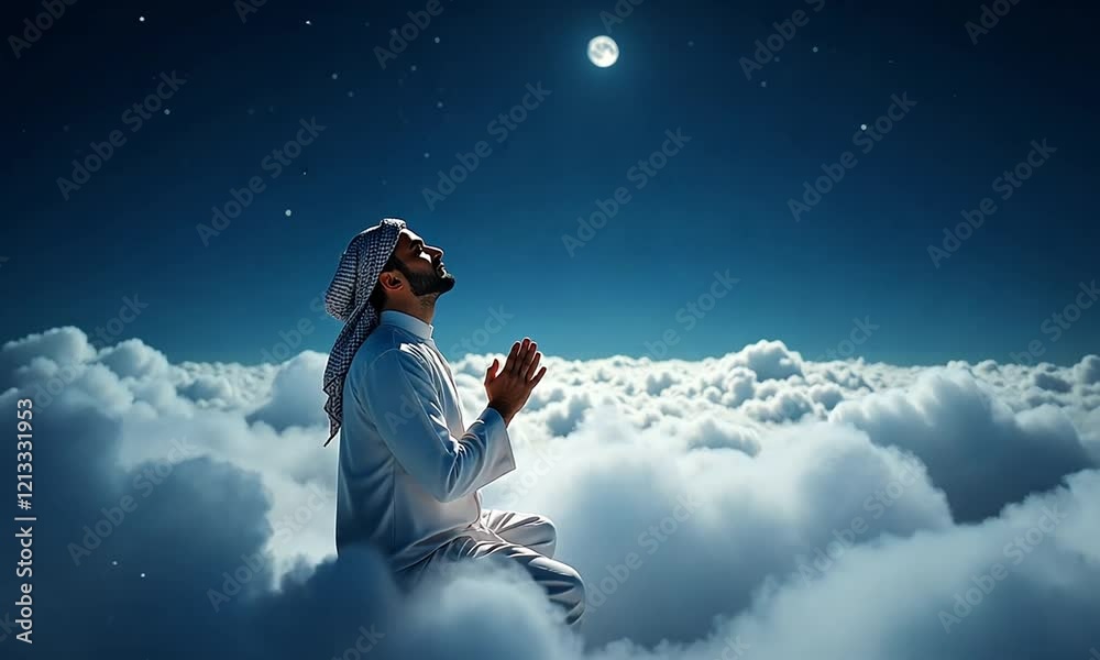 Muslim Praying Above the Clouds at Night in a Spiritual and Serene Atmosphere of Devotion and Peace Muslim Praying Above the Clouds at Night in a Spiritual and Serene Atmosphere of Devotion and Peace