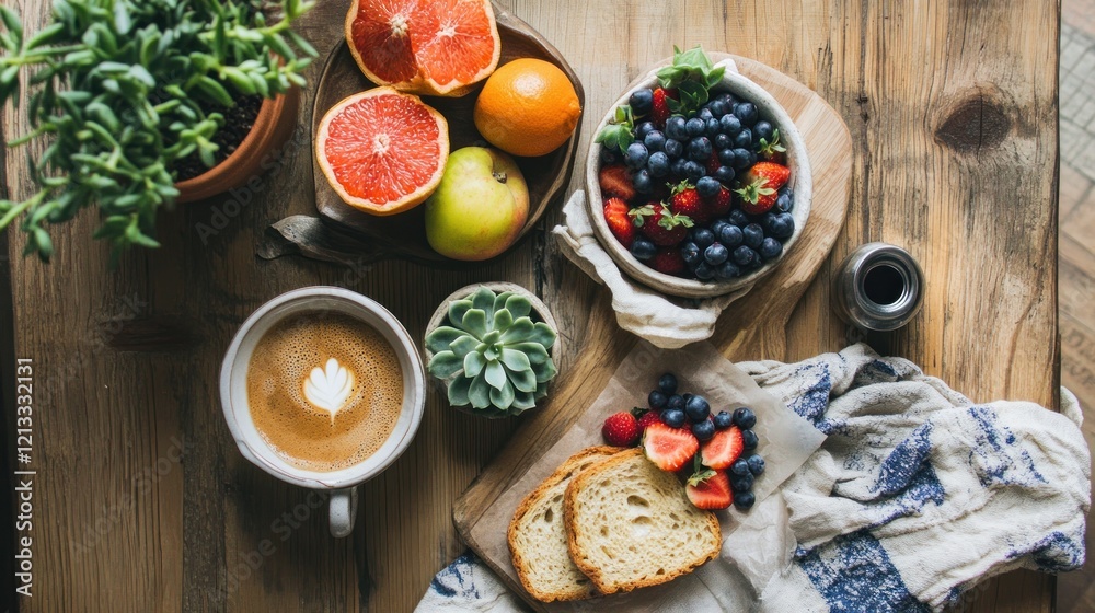Healthy breakfast; fruit, coffee, bread; rustic table; blog post Healthy breakfast; fruit, coffee, bread; rustic table; blog post