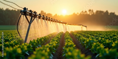 A long irrigation system in a field, spraying water on plants
