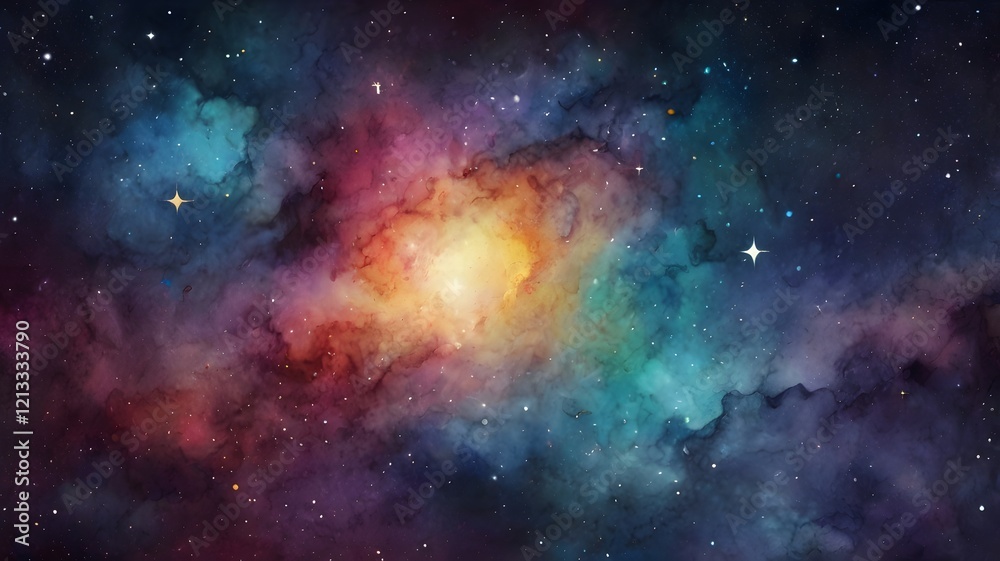 Fototapeta premium Vector cosmic watercolor illustration. Colorful space background with stars