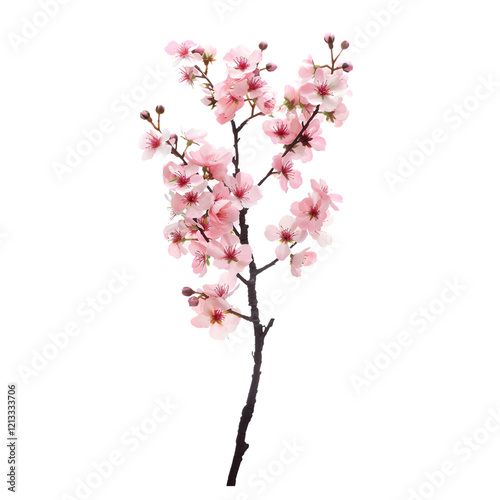 Cherry blossom branch isolated on a clear background, highlighting its blooming petals.