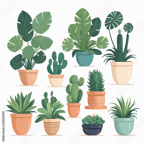 Potted plants collection on white background. Set of interior house plants with baskets, tropical cactus, monstera, leaves, foliage. Different home indoor green decor illustration for decoration, art.