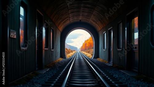 Wallpaper Mural A dark, mysterious tunnel with a train track leading to a bright, autumnal landscape Torontodigital.ca