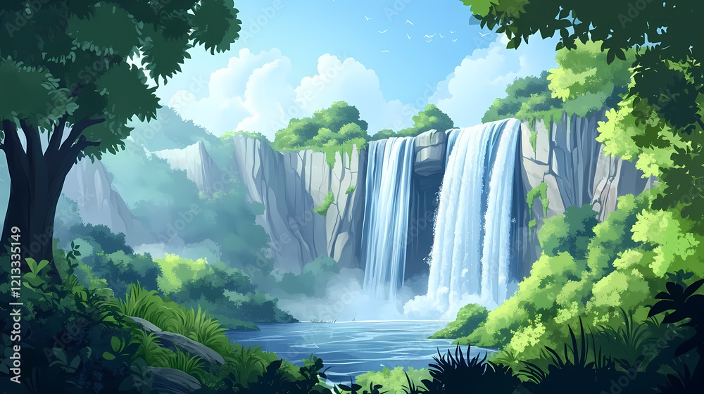 Naklejka premium Majestic silver cascade waterfall surrounded by lush greenery and dramatic cliffs under a clear blue sky in a tranquil natural landscape. Silver Cascade. Illustration