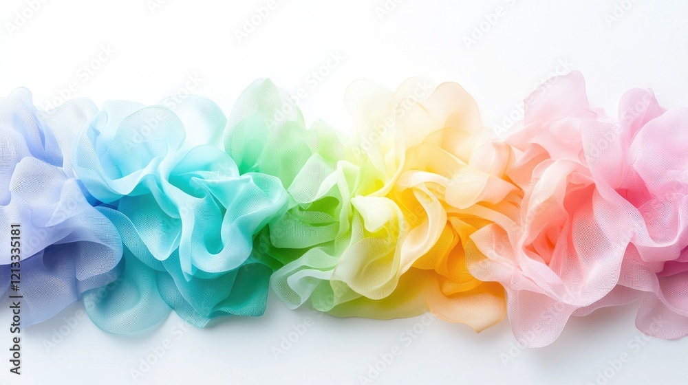 Fototapeta premium Colorful rainbow chiffon fabric arranged in soft waves on a white studio background.