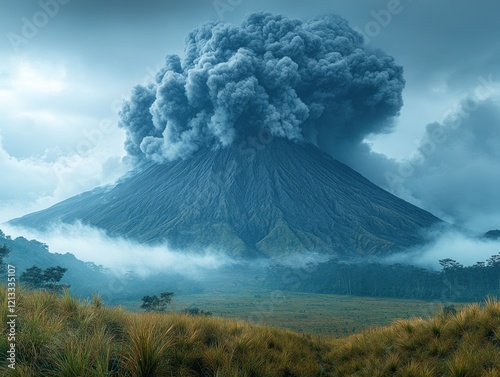 Dramatic volcanic eruption with ash plume rising from a mountain against a cloudy sky photo