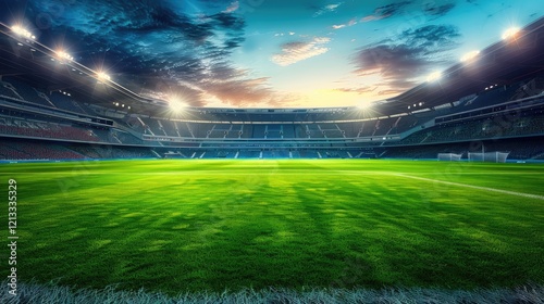 View of a large football field at dusk It features a brightly lit grandstand and a bright green field.