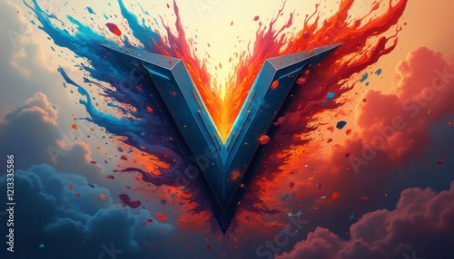 A striking V logo emerges from a swirl of fiery reds and cool blues, creating a captivating visual explosion. This artwork embodies energy and creativity, making it perfect for branding or digital photo