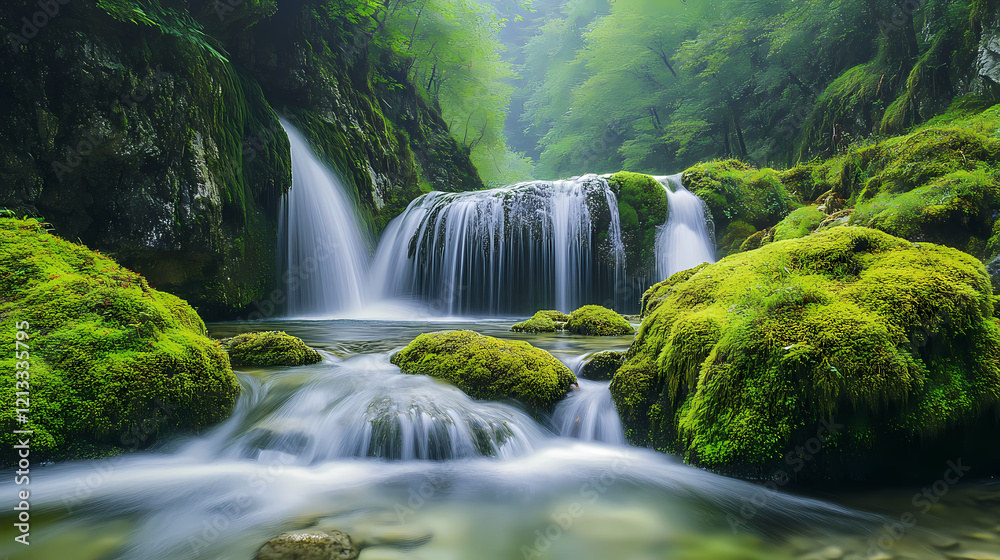 Fototapeta premium Silky silver waters cascade over moss-covered rocks, enveloping the valley in a serene mist that mingles with ancient. Silver Cascade. Illustration