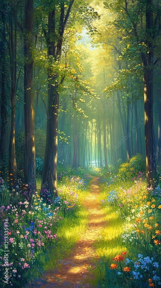 Obraz premium Sunlit Path Through a Magical Forest