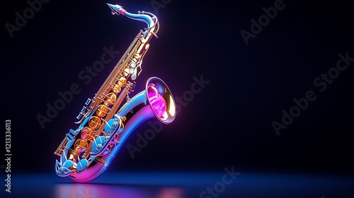 A vibrant, iridescent saxophone rests on a dark surface, illuminated by neon lights.