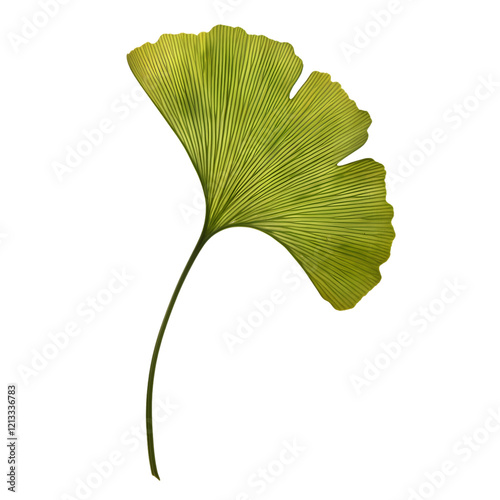 Ginkgo leaf isolated on a clear background, highlighting its distinctive, forked edges and vibrant green color.