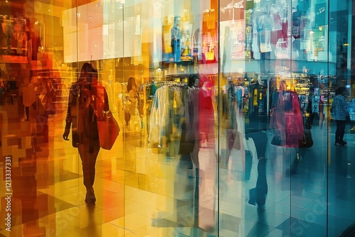 Woman shopping mall reflection vibrant display