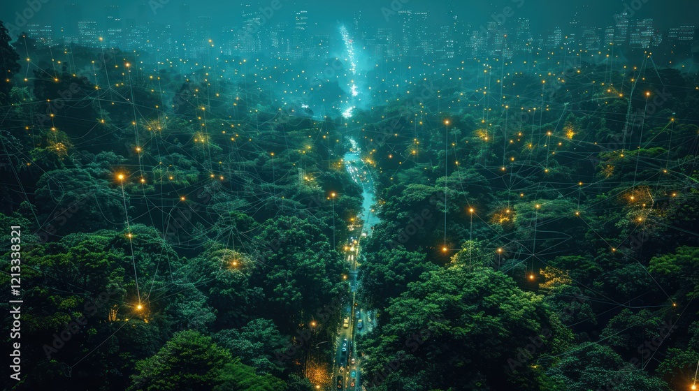 Obraz premium Night Cityscape & Forest Network: A Digital Dawn