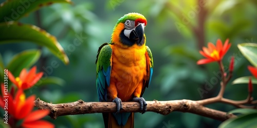 Colorful tropical bird perched on a branch, surrounded by lush greenery and vibrant flowers