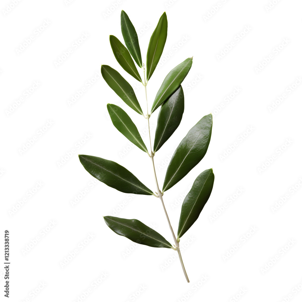 Fototapeta premium Detailed green olive leaf with prominent veins and subtle sheen on a transparent backdrop.