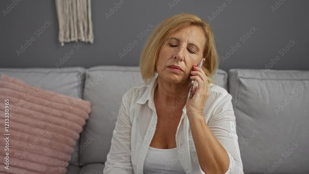 Elderly woman with blonde hair, wearing a white shirt, first talks on the phone then meditates on a grey sofa in a cozy living room. Elderly woman with blonde hair, wearing a white shirt, first talks on the phone then meditates on a grey sofa in a cozy living room.