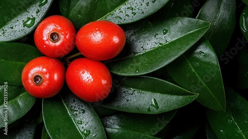 Vibrant Red Berries on Lush Green Leaves:  Close-up shot of three glistening red berries nestled amongst vibrant, dark green leaves, water droplets enhancing their juicy appearance. photo