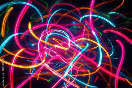 Vibrant neon light trails swirl and intersect. Perfect for backgrounds, party flyers, or abstract designs needing a bold, energetic feel.