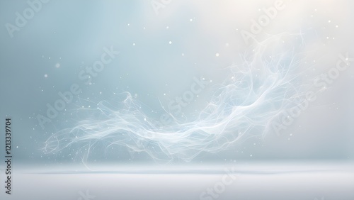 Abstract light blue background with a flowing, ethereal white particle wave and subtle bokeh effect.