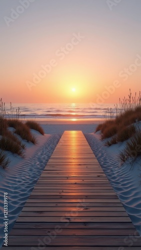 A serene beach scene with a wooden walkway leading to the ocean at sunset
