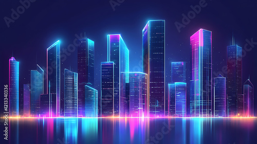 A city skyline is lit up in neon colors, creating a vibrant
