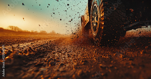 Off road vehicle splashing mud on dirt road at sunset