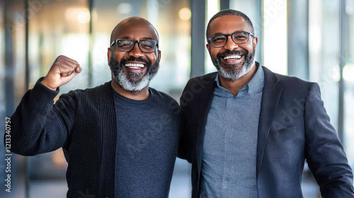 Two smiling men celebrating success in modern office setting