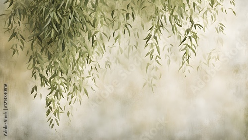 Serene watercolor painting of delicate green willow branches cascading against a soft, textured beige background.