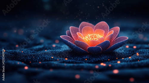 Nodes flower, A close-up image of a glowing flower core, showcasing vibrant details and high fidelity, perfect for nature and botanical themes in stock photography.