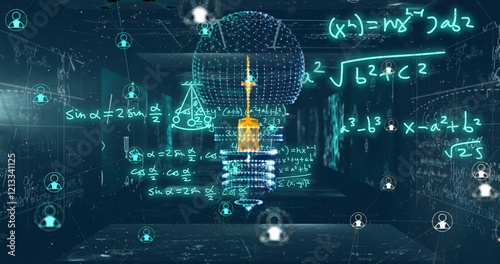 Image of light bulb with network of connections over mathematical equations on blue background