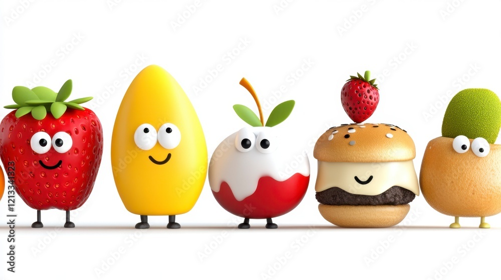 Cute Cartoon Fruit and Desserts with Faces on White Background Cute Cartoon Fruit and Desserts with Faces on White Background