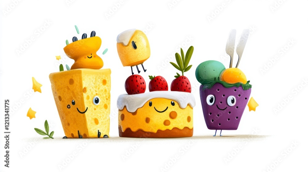 Obraz premium Cute Cartoon Desserts with Smiling Faces and Bright Colors