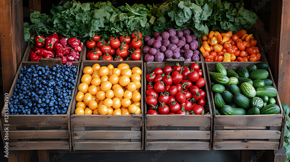Colorful farm produce displayed in wooden crates at market stall