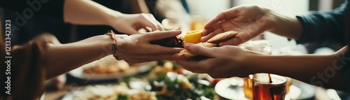 Close-up of hands exchanging food at a gathering