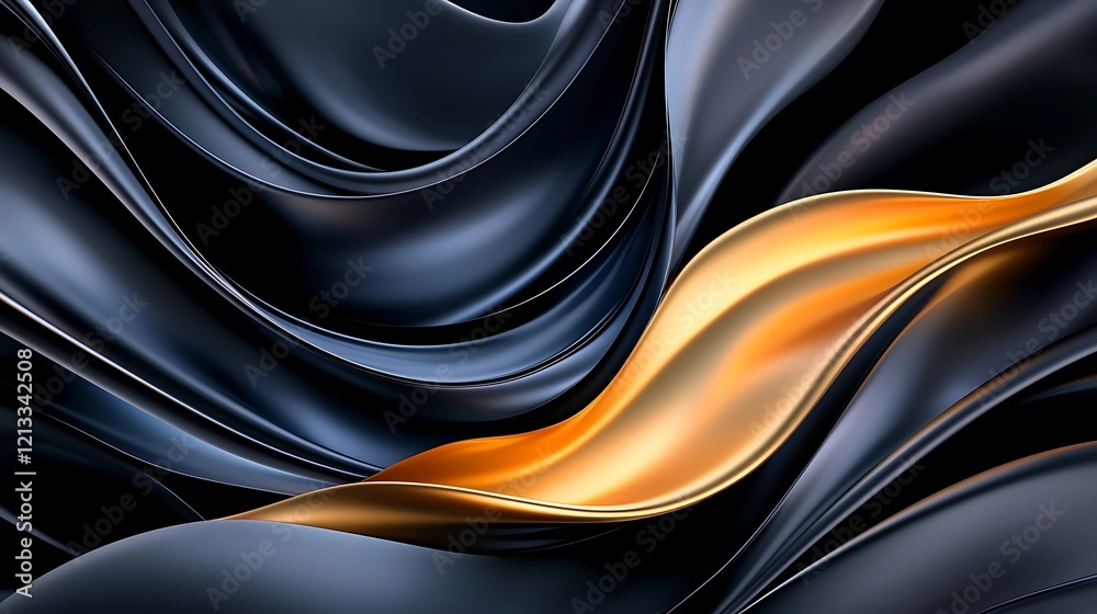 Fototapeta premium Abstract dark blue and gold flowing fabric textile waves.