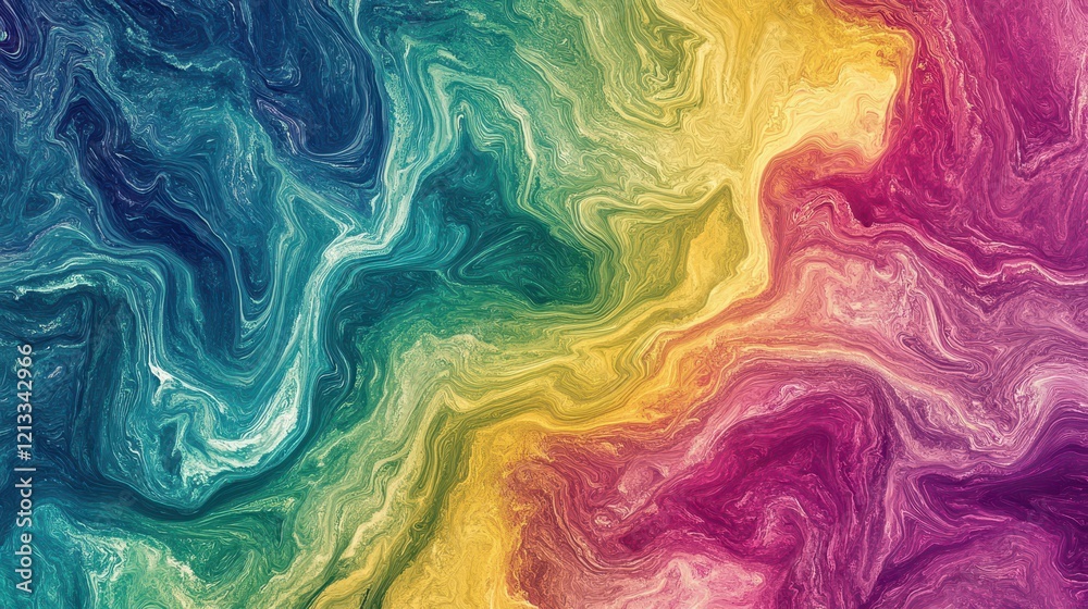 Obraz premium Vibrant abstract marbled texture, blues, greens, yellows and purples swirl. Ideal for backgrounds, websites, or designs needing a colorful, fluid aesthetic.