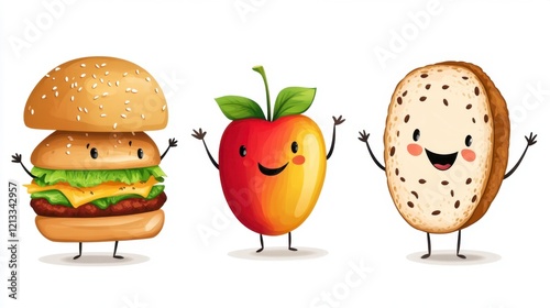 Happy Cartoon Characters of Burger, Apple, and Bread with Smiles photo