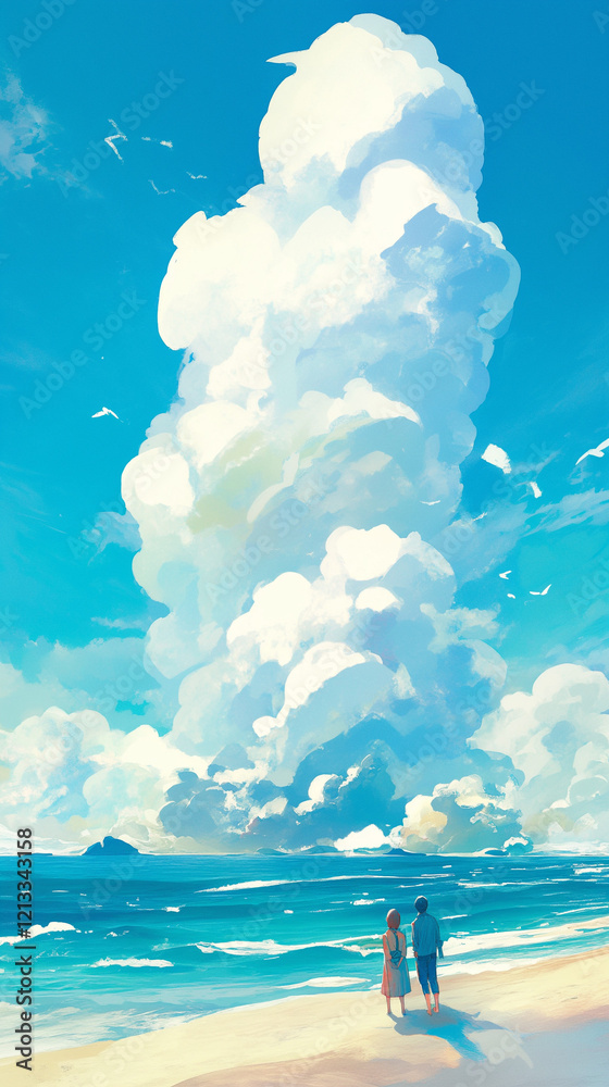 Fototapeta premium 日本の夏の訪れを感じている、海を見つめている人。1980年、1990年代の古く懐かしい日本のアニメをモチーフにしたイラスト。柔らかな水彩タッチで描いている。スマートフォン9:16のアスペクト比