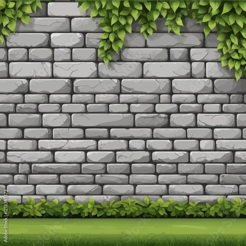 Brick vector fence, stone house wall seamless border, rock gray tiles, column isolated on white. Garden manor barrier illustration, architectural outdoor design element. Old classic brick wall clipart