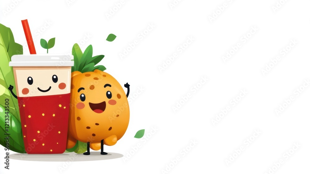 Fototapeta premium Cute Cartoon Characters of Fruit Drink and Cookie Together Happy