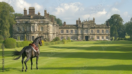 Majestic Manor House with a Saddle Horse in Front photo